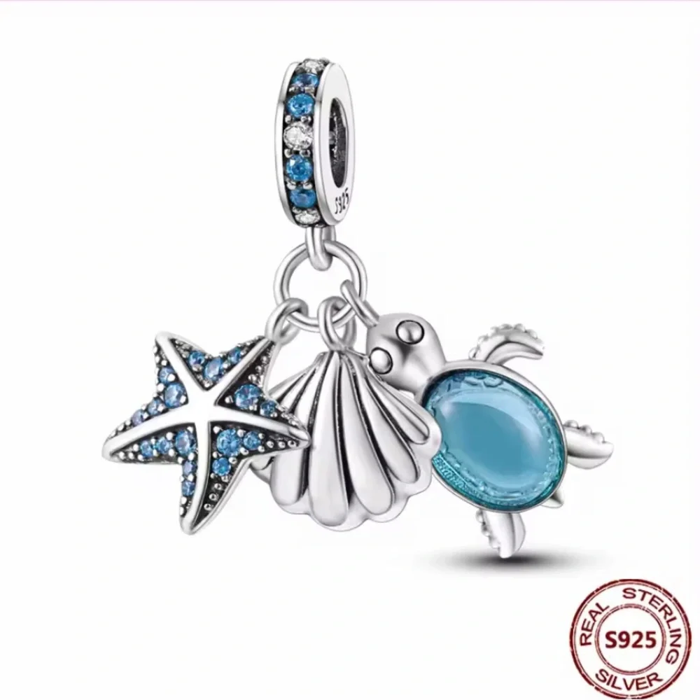 Sterling Silver Blue Sea Life Charm Pendant with Starfish, Shell & Turtle